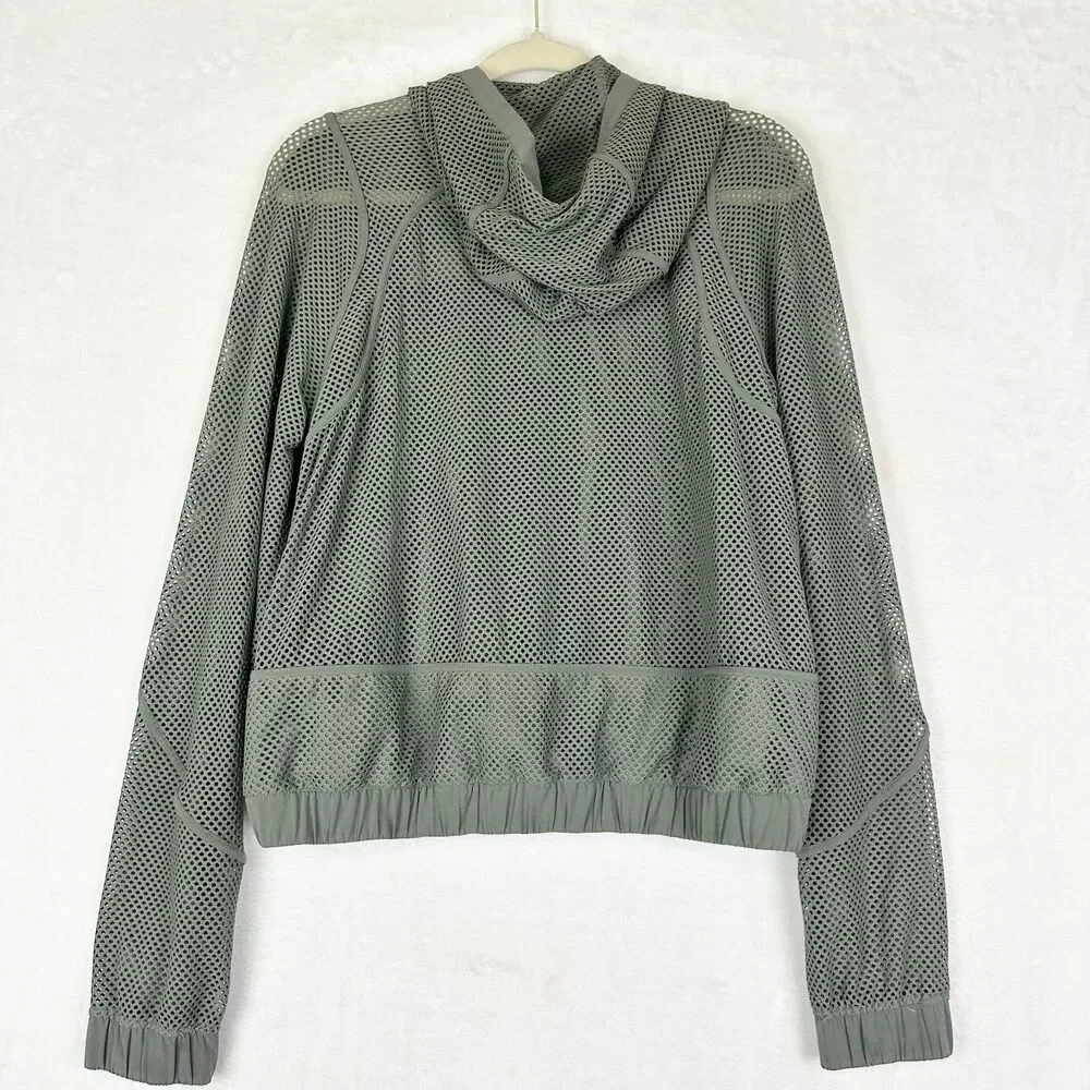 Lululemon Women's Relaxed Fit Mesh Jacket Size 6 Grey Sage Hooded Open Knit